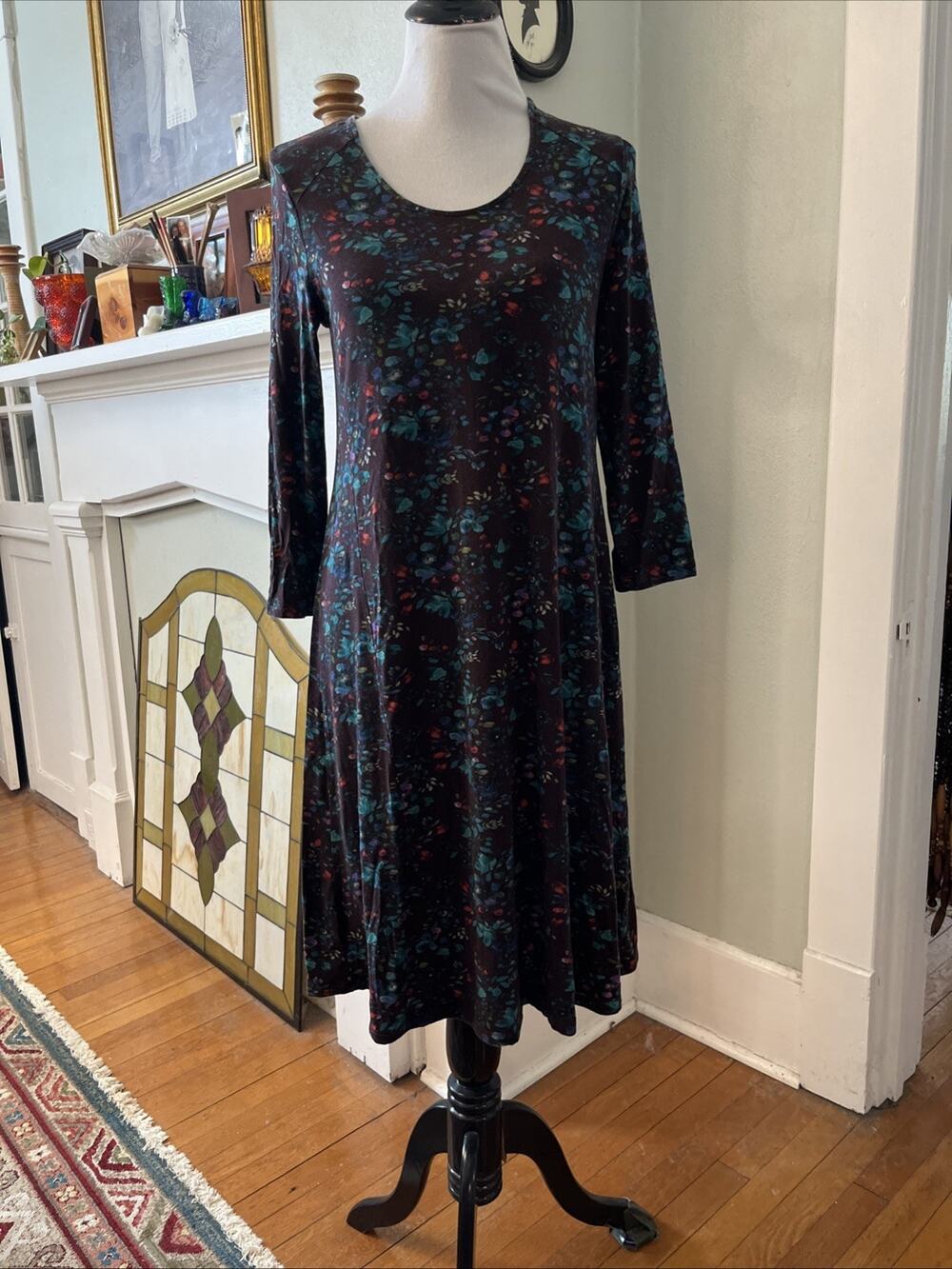 Garnet Hill S Dark Floral Jersey Knit Midi Dress Tencel Lyocell Boho Classic